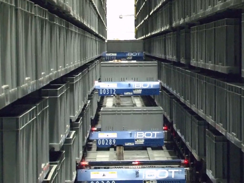 Inside the Perfect Pick aisle at BioLegend, iBOT robots on the rack face
