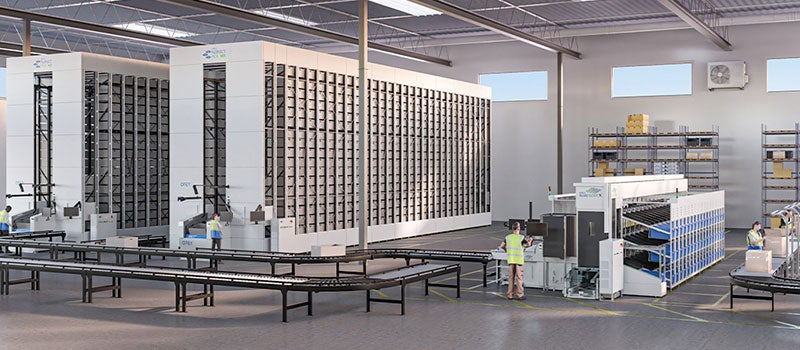 Warehouse with large sutomated sorting systems, people and conveyor belts