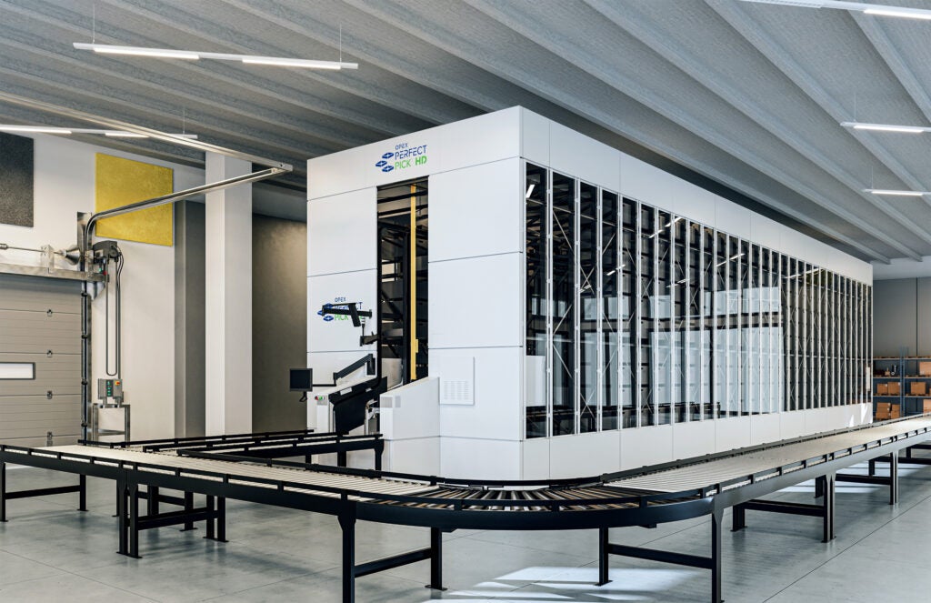 warehouse automation machine called perfect pick with tote i/o conveyor