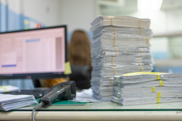 Stacks of papers in an office